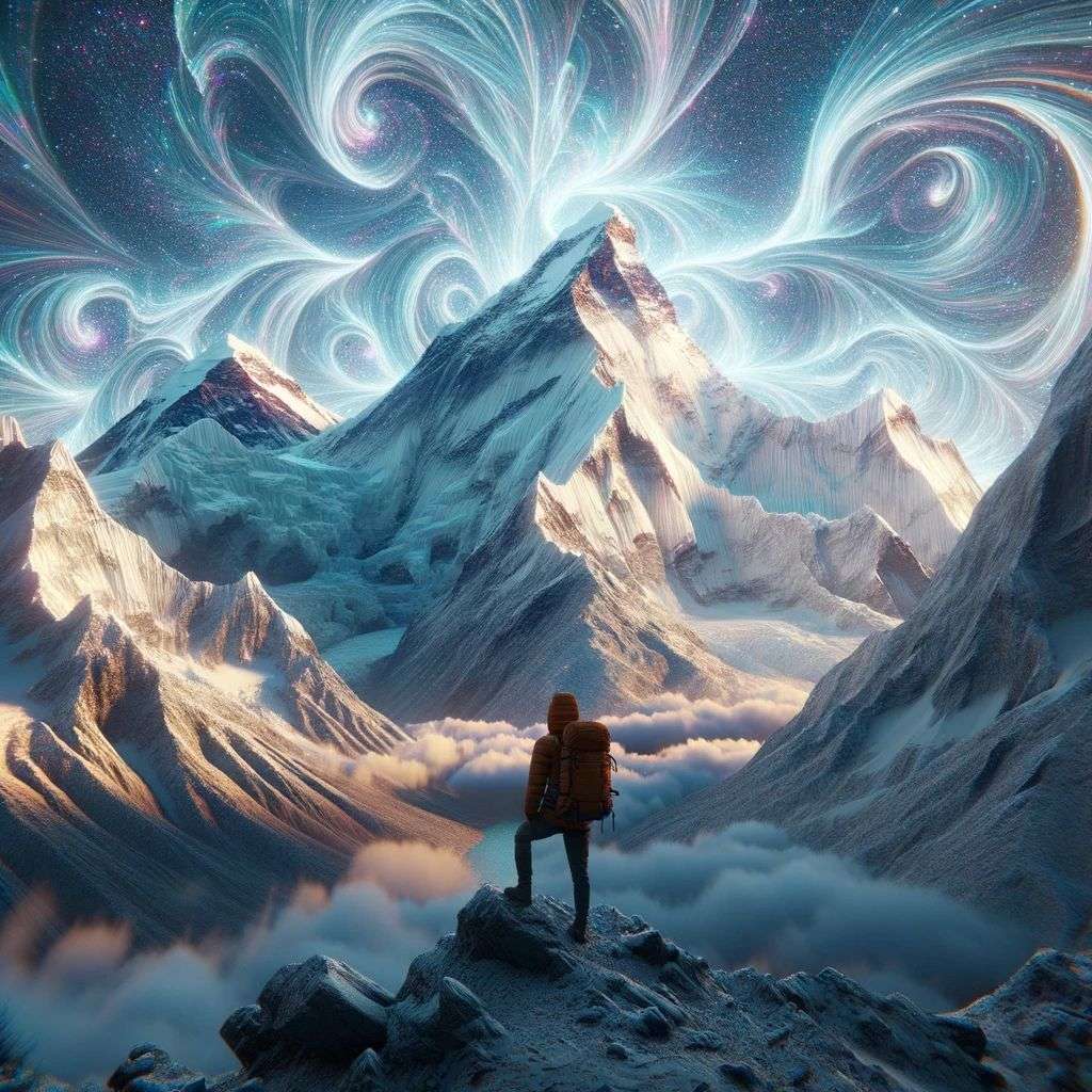 someone gazing at Mount Everest, particle simulation, Octane render
